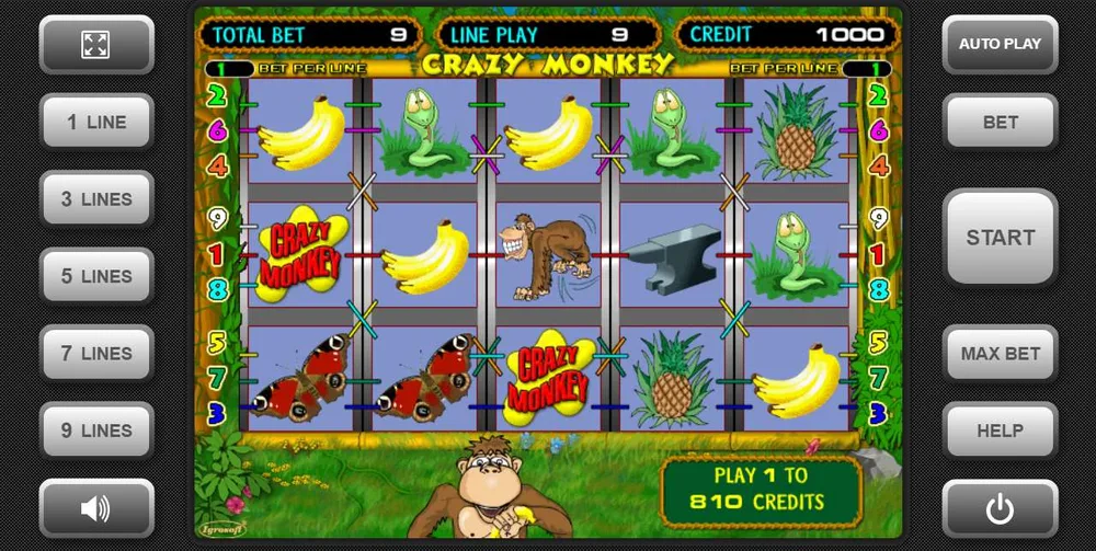 Crazy Monkey: Основная игра: 5 барабанов, 9 линий
